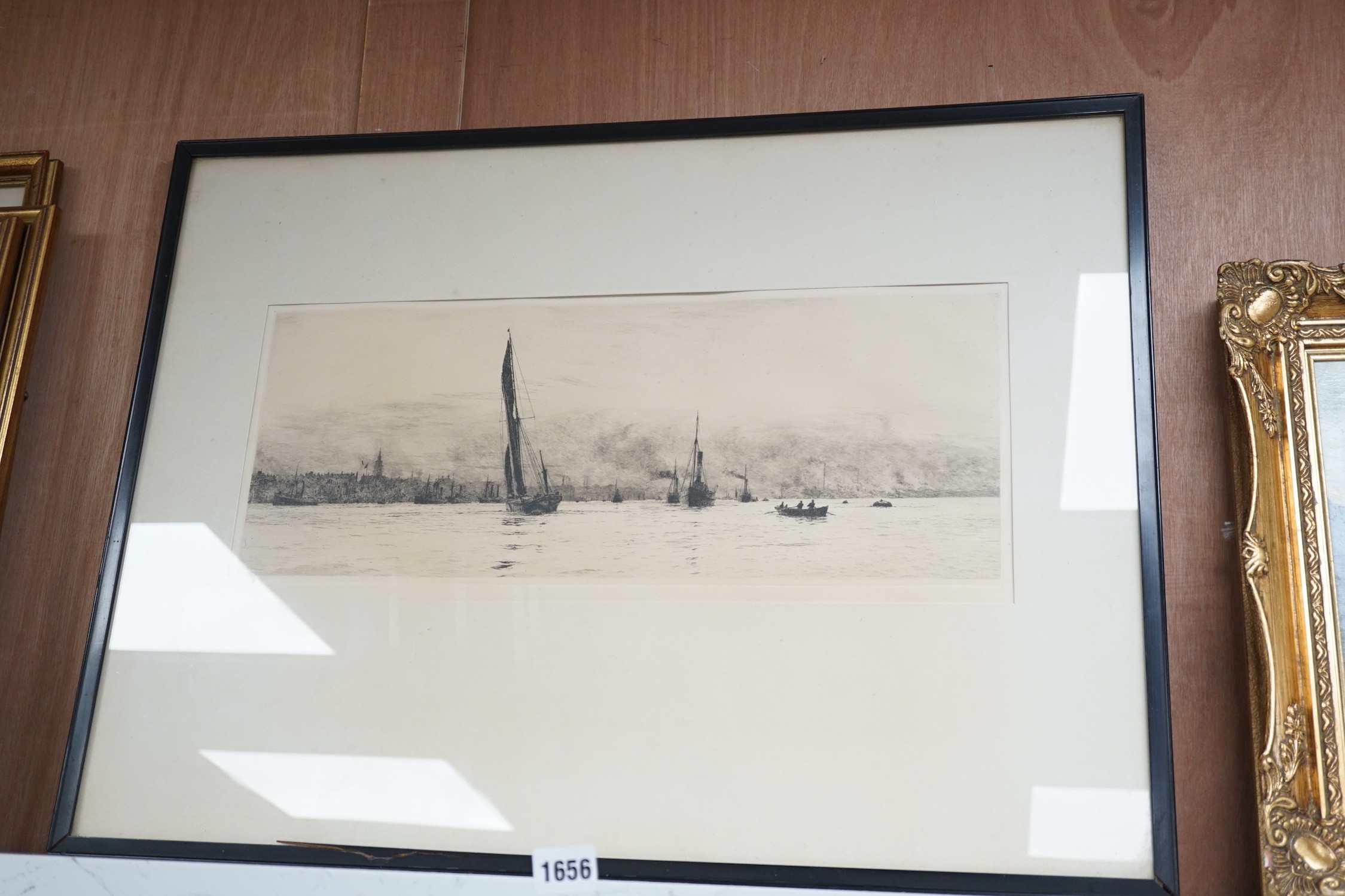 William Lionel Wylie (1851-1931), drypoint etching, Ships in convoy, signed in pencil outside the plate, 12 x 34cm, together with another similar, unsigned, 20 x 50 cm